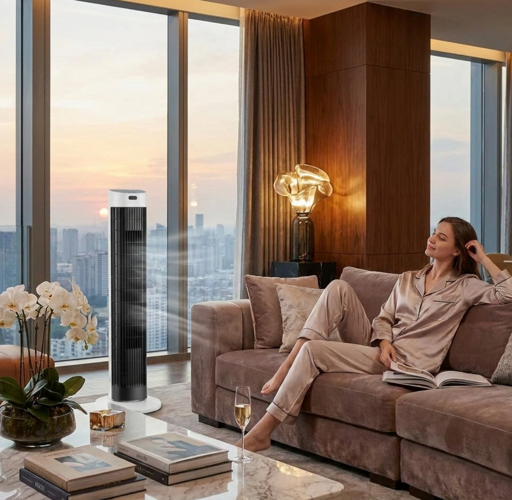 Atelierée Smart Tower Fan, Quiet Bladeless Oscillating Design with Whole Room Cooling