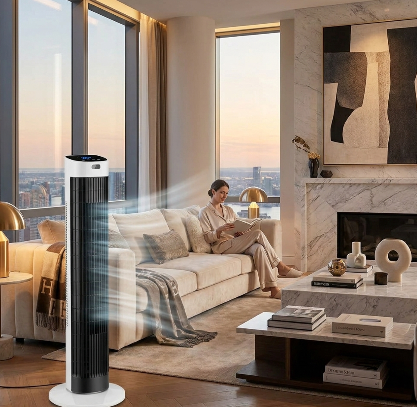 Atelierée Smart Tower Fan, Quiet Bladeless Oscillating Design with Whole Room Cooling