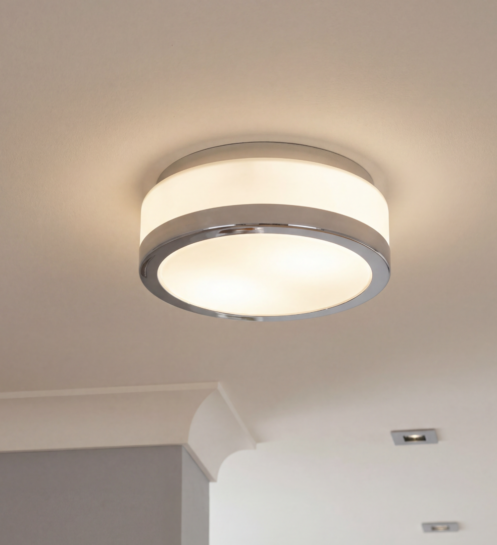 Atelierée Premium Chrome Bathroom Ceiling Flush Mount Light with Opal Glass