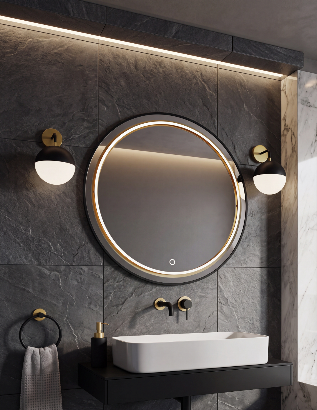 Atelierée Gatsby Globe Wall Sconce Set | Luxury Matt Black & Brushed Brass Bathroom Wall Lights