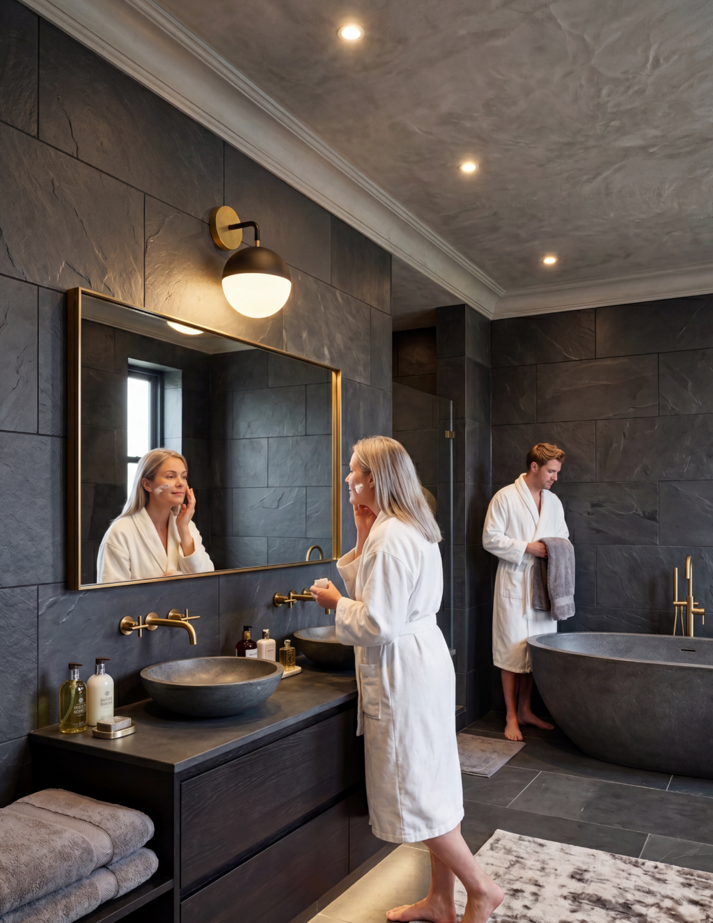 Atelierée Gatsby Globe Wall Sconce Set | Luxury Matt Black & Brushed Brass Bathroom Wall Lights