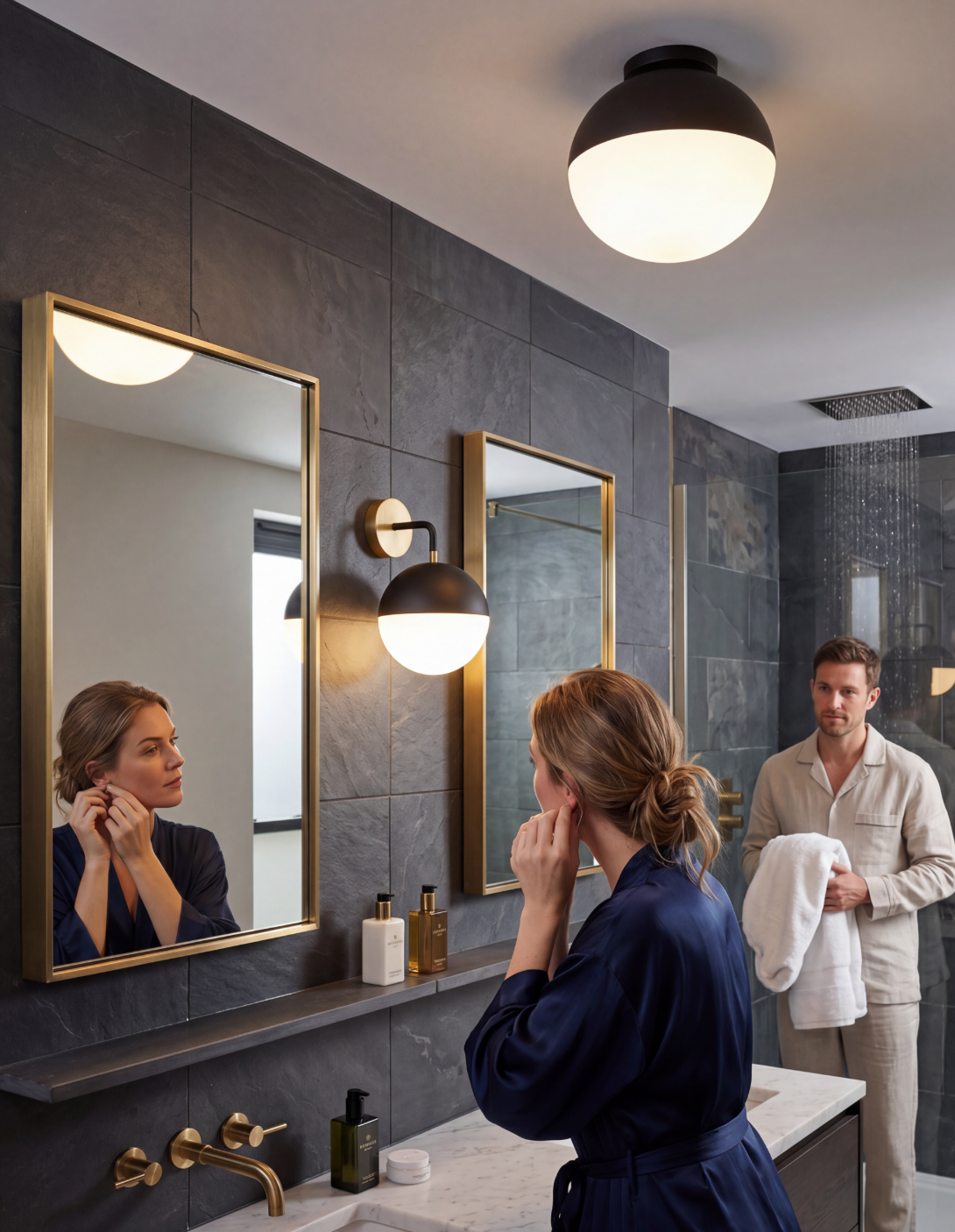 Atelierée Gatsby Globe Wall Sconce Set | Luxury Matt Black & Brushed Brass Bathroom Wall Lights