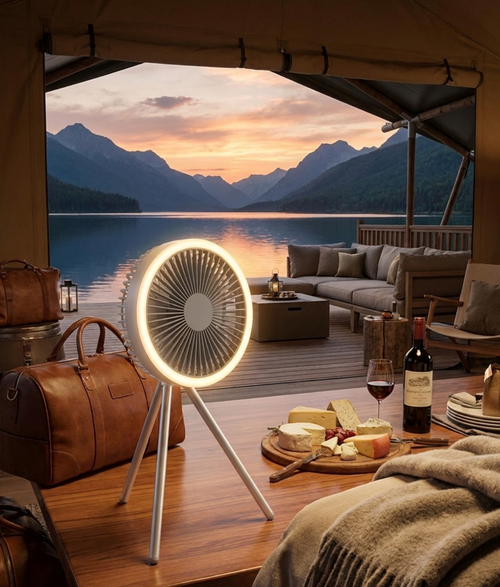 Altilerée Rechargeable Portable Tripod Fan with LED Ring Light, Power Bank & Air Circulator for Tent, Desk & Outdoor