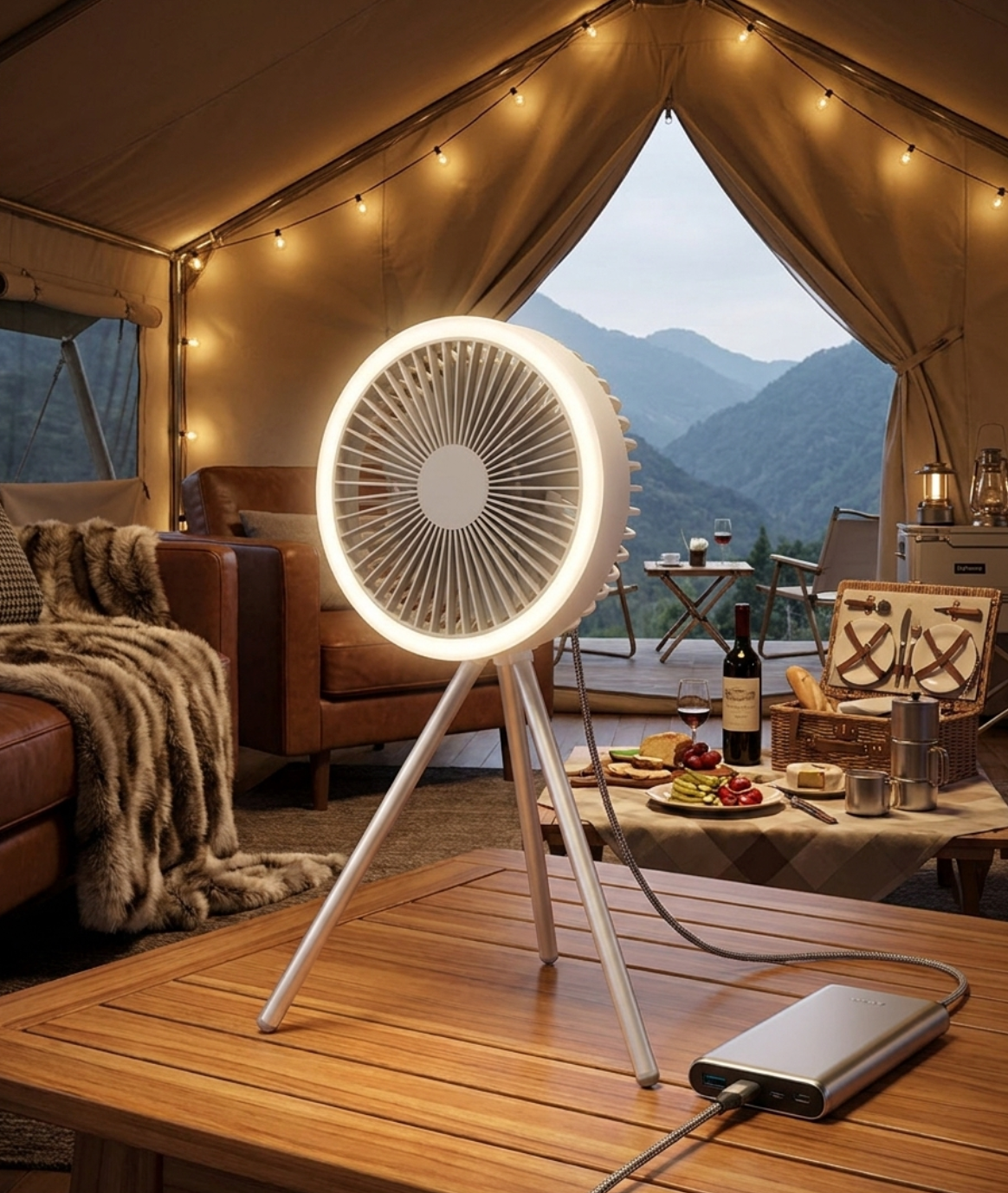 Altilerée Rechargeable Portable Tripod Fan with LED Ring Light, Power Bank & Air Circulator for Tent, Desk & Outdoor