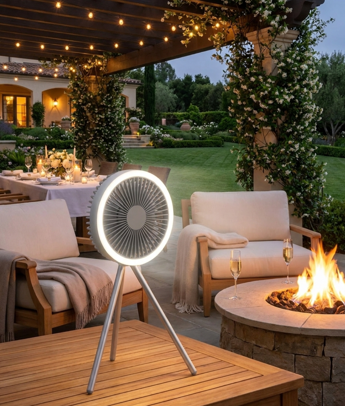 Altilerée Rechargeable Portable Tripod Fan with LED Ring Light, Power Bank & Air Circulator for Tent, Desk & Outdoor
