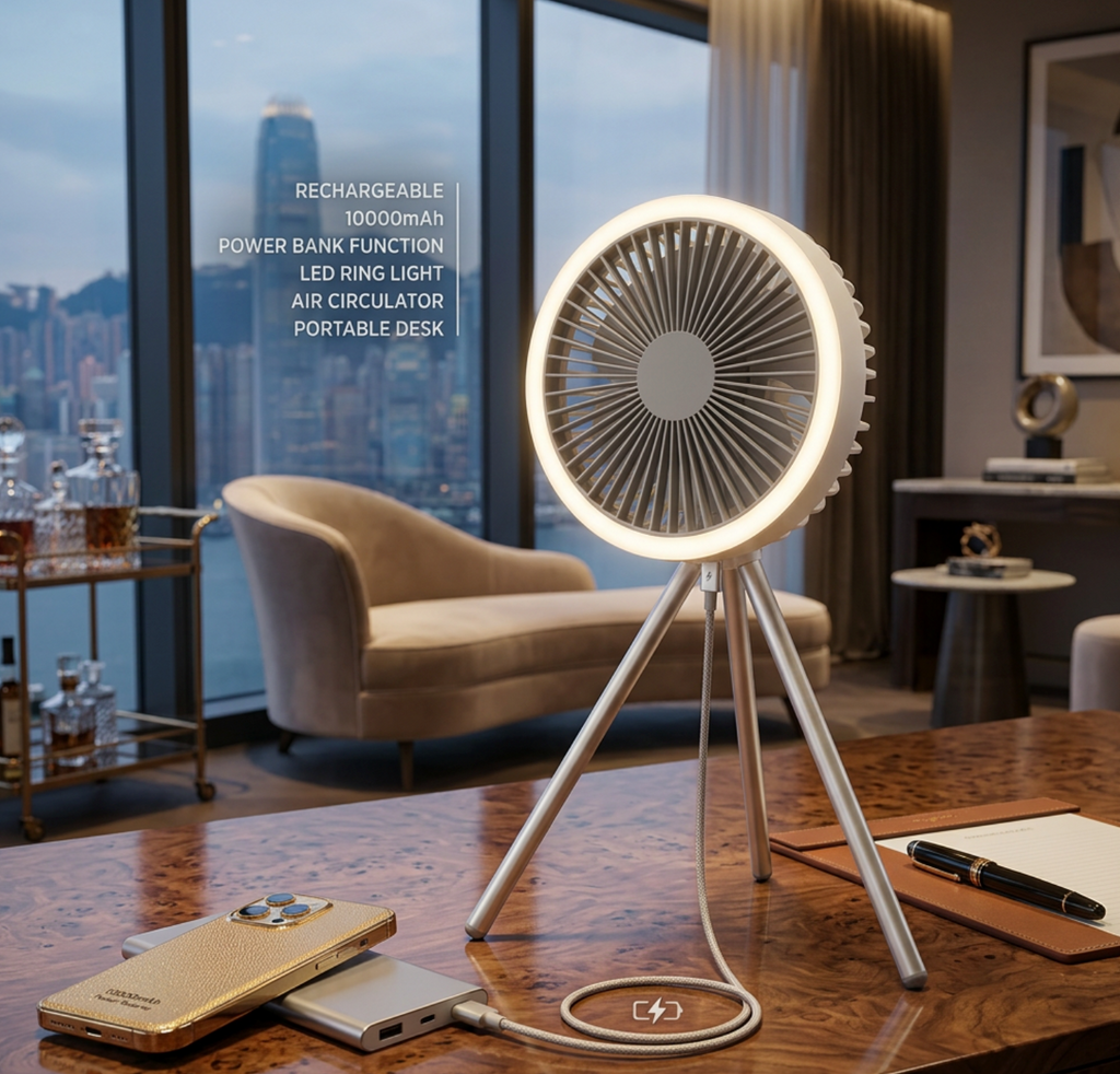 Altilerée Rechargeable Portable Tripod Fan with LED Ring Light, Power Bank & Air Circulator for Tent, Desk & Outdoor