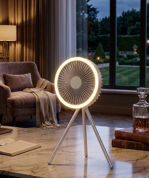 Altilerée Rechargeable Portable Tripod Fan with LED Ring Light, Power Bank & Air Circulator for Tent, Desk & Outdoor