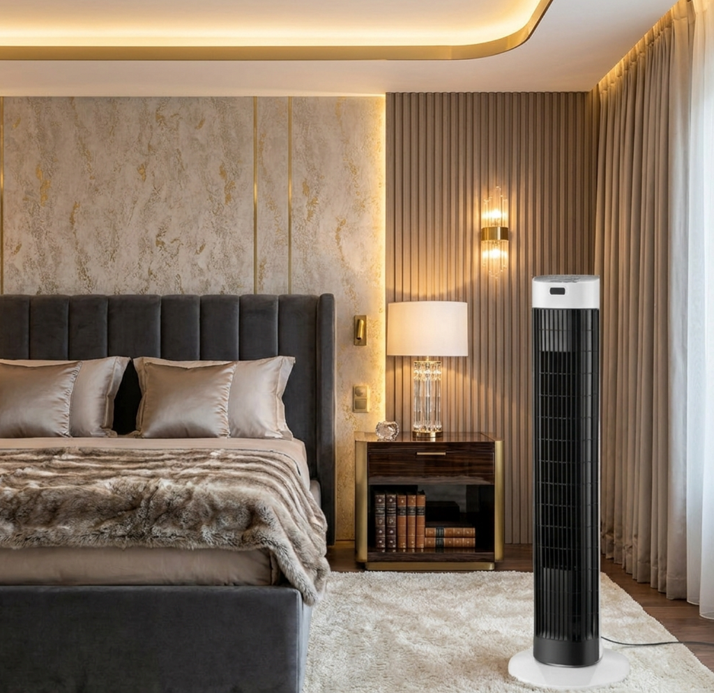 Atelierée Smart Tower Fan, Quiet Bladeless Oscillating Design with Whole Room Cooling