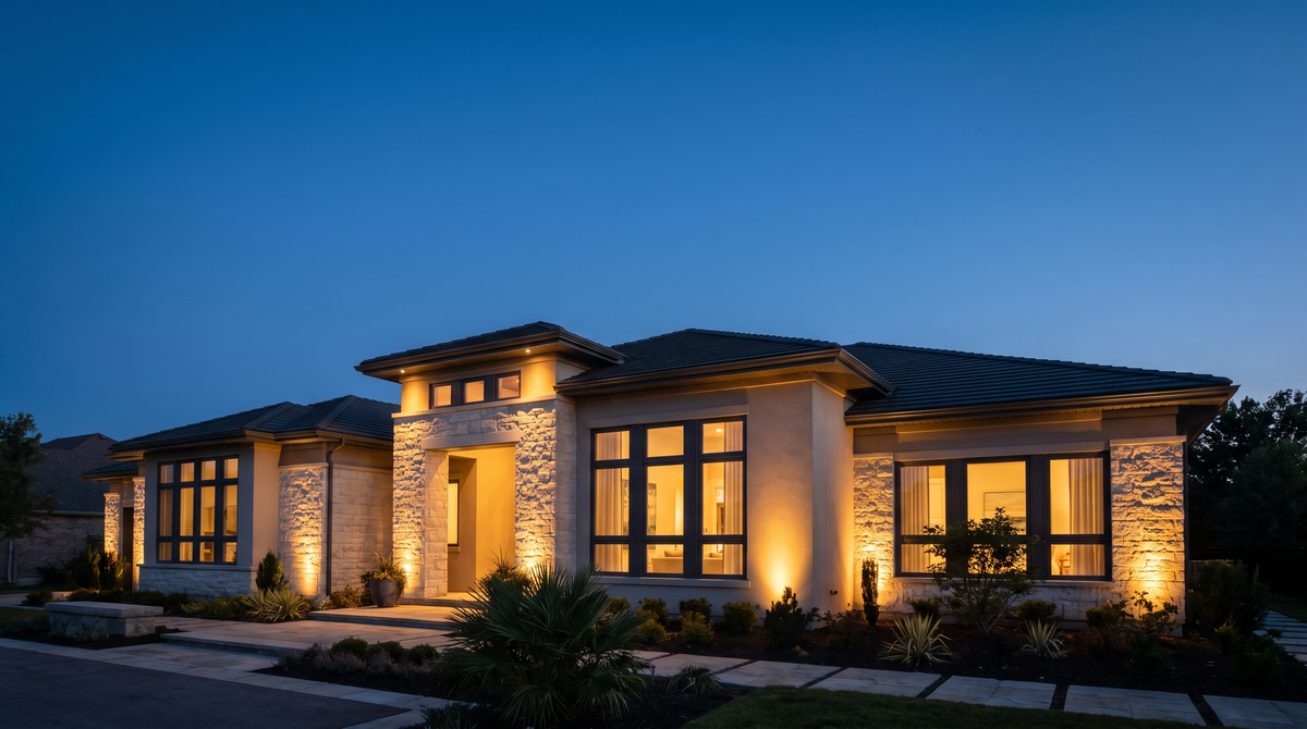 The facade of a modern luxury house at blue hour, warm exterior lighting against a deep blue sky
