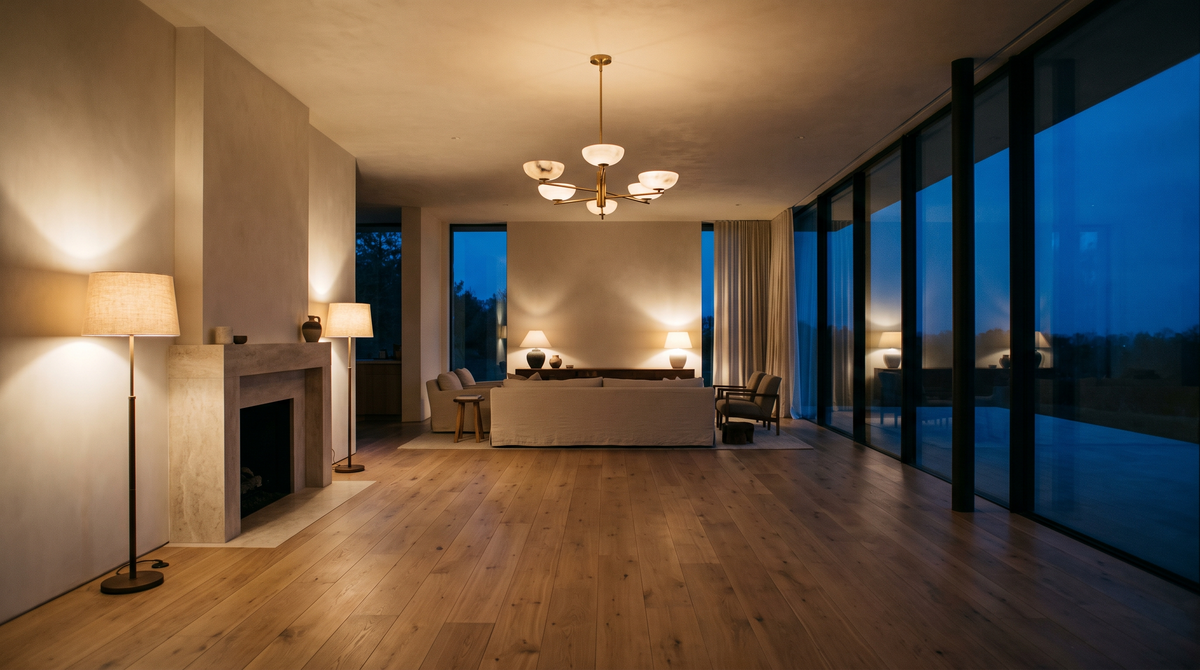 A modern luxury living room at blue hour, warm lamp light and sculptural lighting