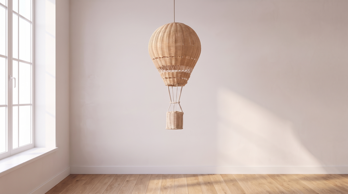 Handwoven rattan detail on the Atelieree Aero balloon pendant
