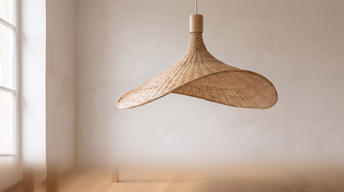 Hand woven bamboo detail on the Atelieree Vimini pendant