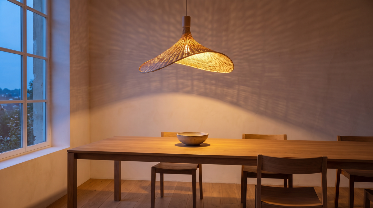 Warm light glowing through the woven shade of the Atelieree Vimini