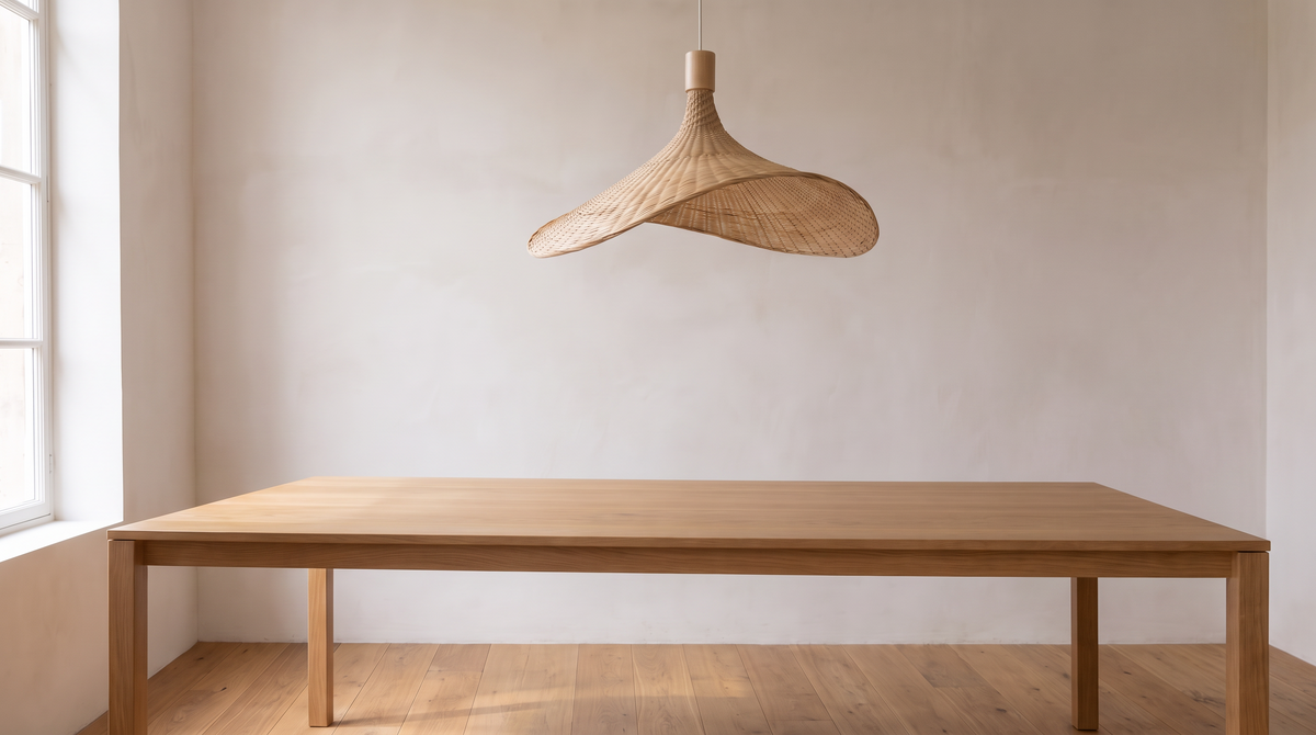 The Atelieree Vimini pendant shown in proportion above a dining table