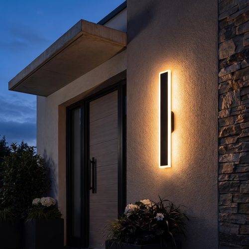 Atelierée architectural linear outdoor wall light washing a modern house facade at blue hour