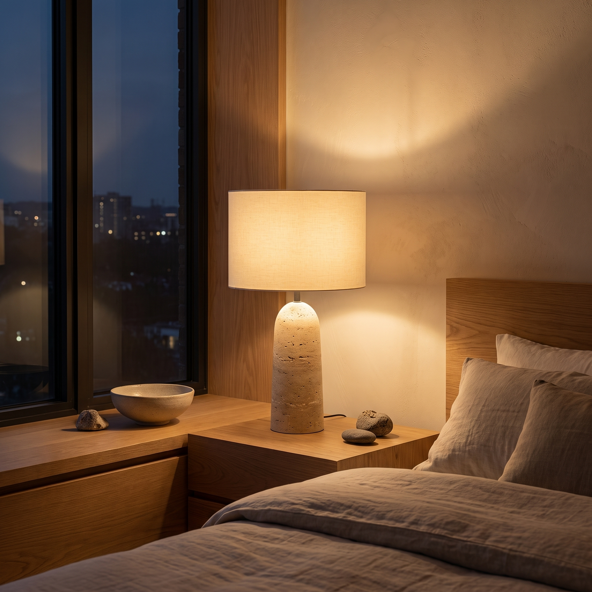 Atelierée Armine travertine table lamp lit on a bedside table in a modern bedroom