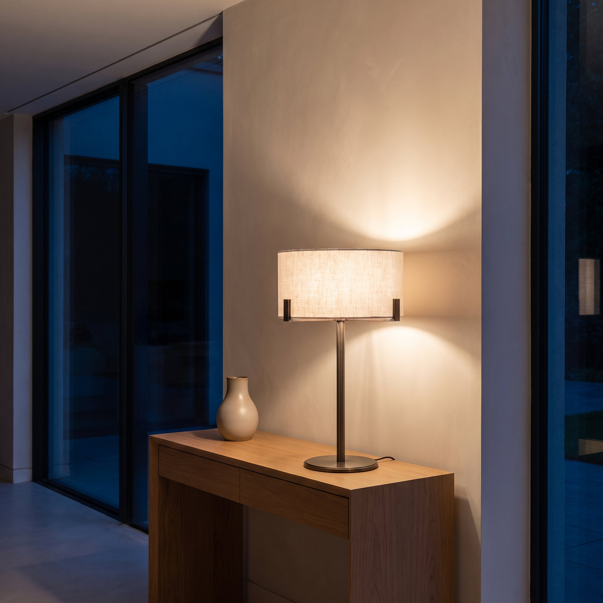 Atelierée Aura bronze table lamp lit on a console table in a modern living room