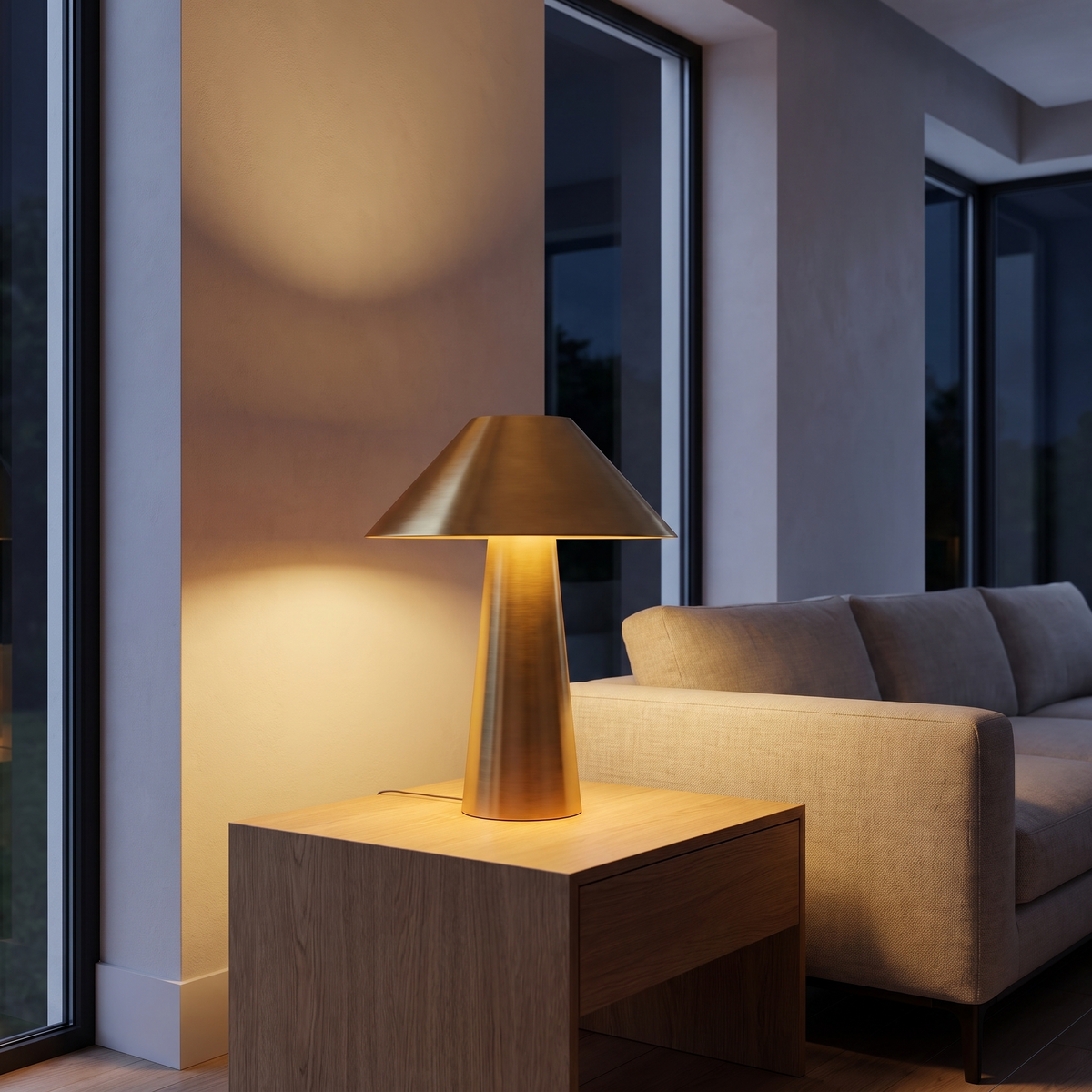Atelierée Perth aged brass table lamp lit on a side table beside a sofa