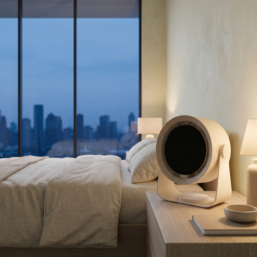 Atelierée compact bladeless air circulator on a bedside table