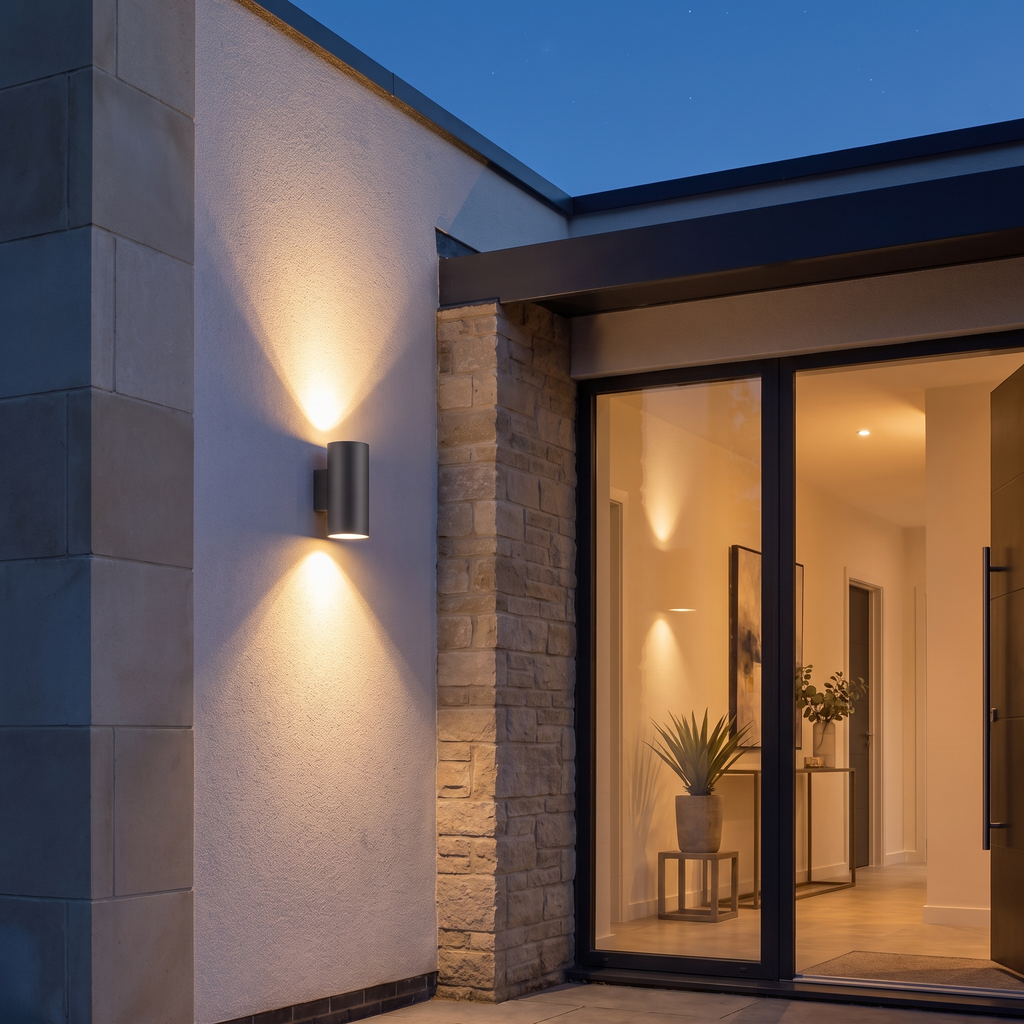 Atelierée architectural outdoor wall light, beam detail at night