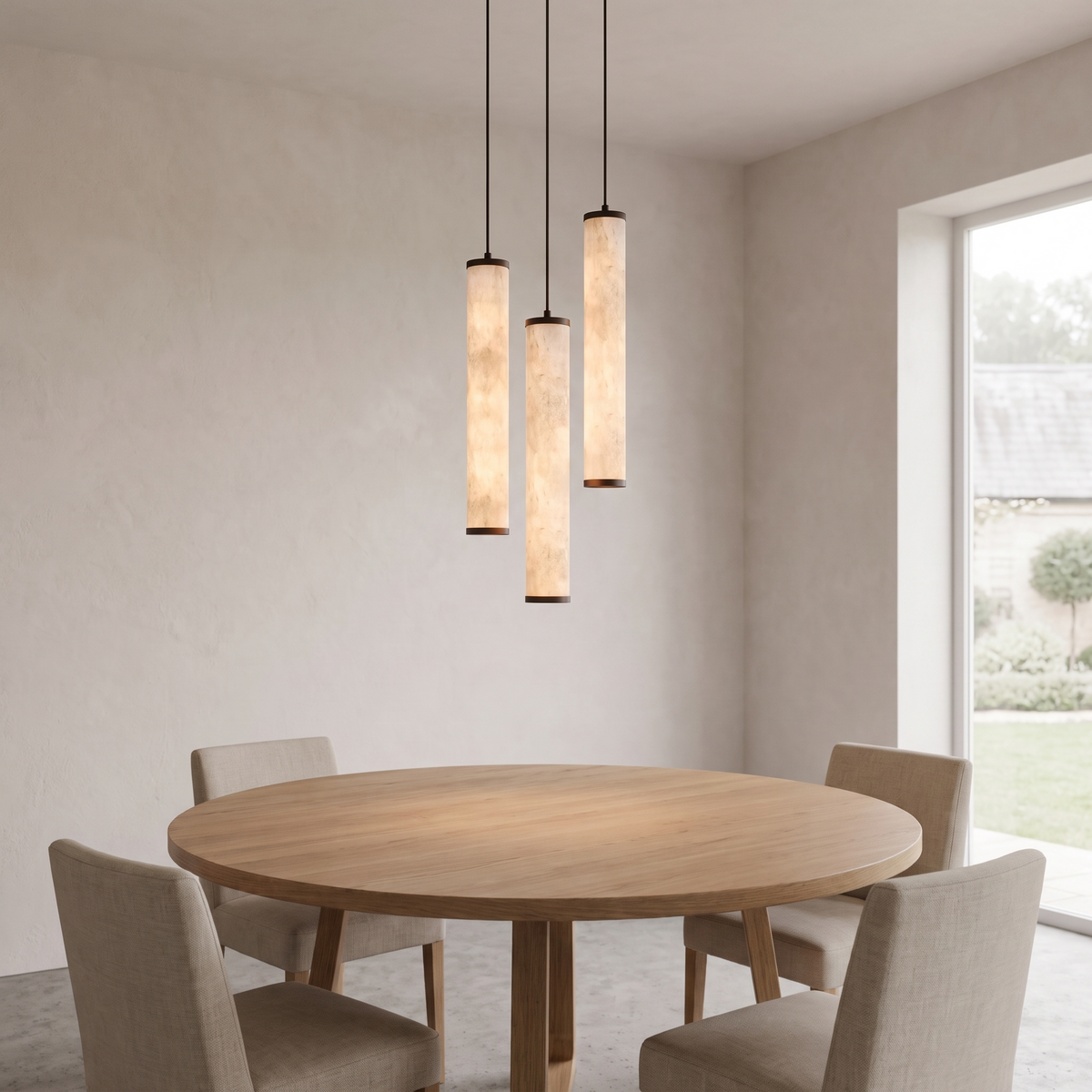 Atelierée alabaster pendant, natural stone veining and bronze detail