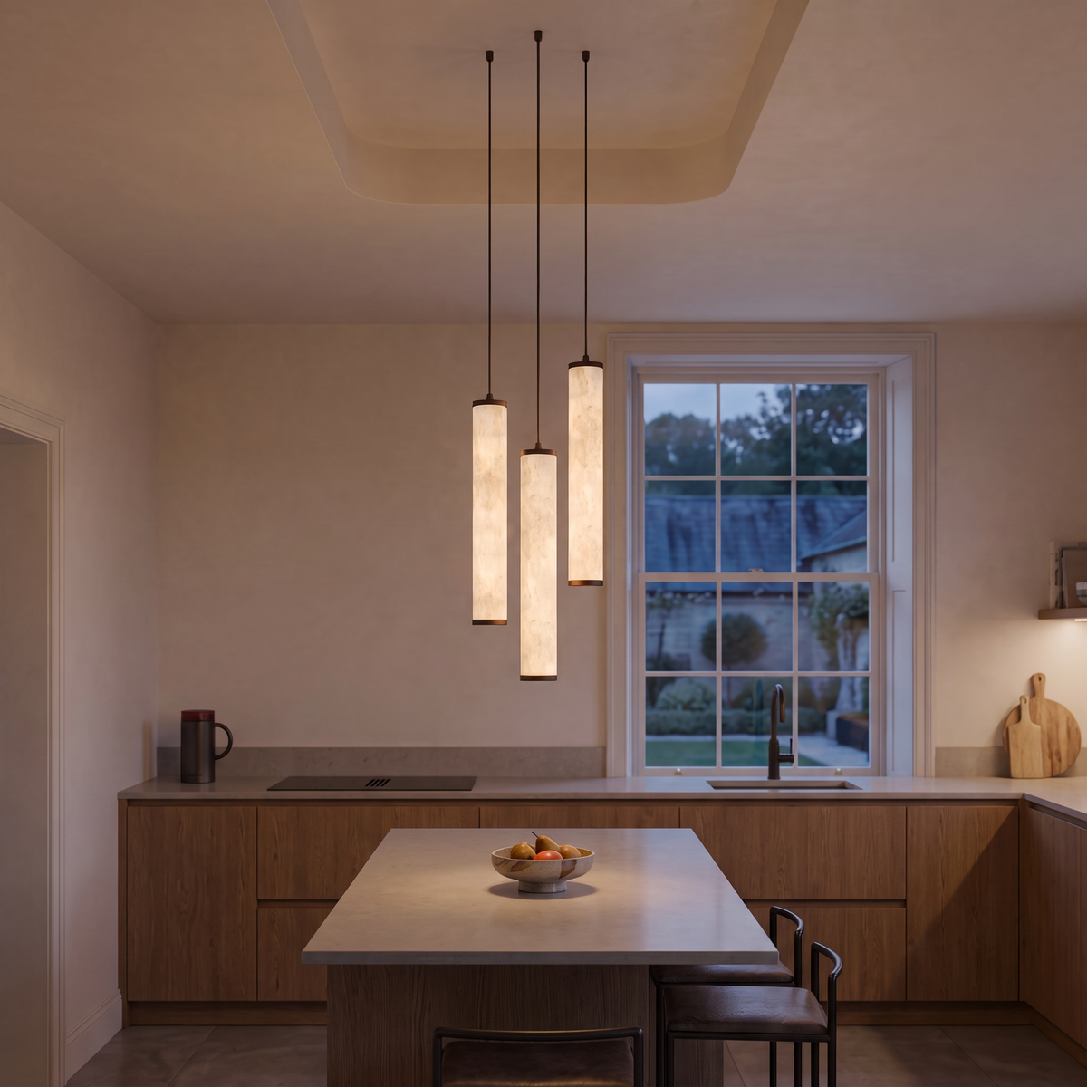 Atelierée Luminosa alabaster ceiling light above a kitchen island