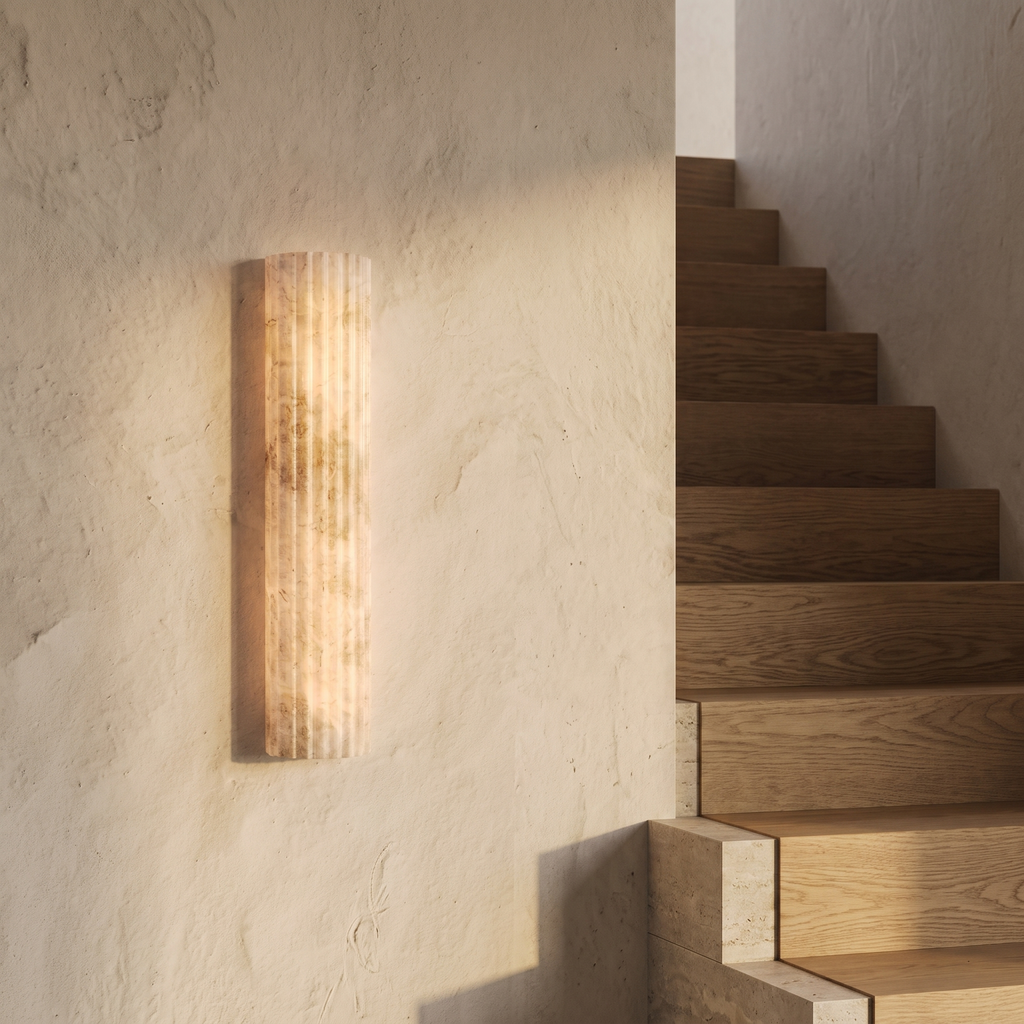 Atelierée Lumera fluted alabaster wall light, IP44 rated