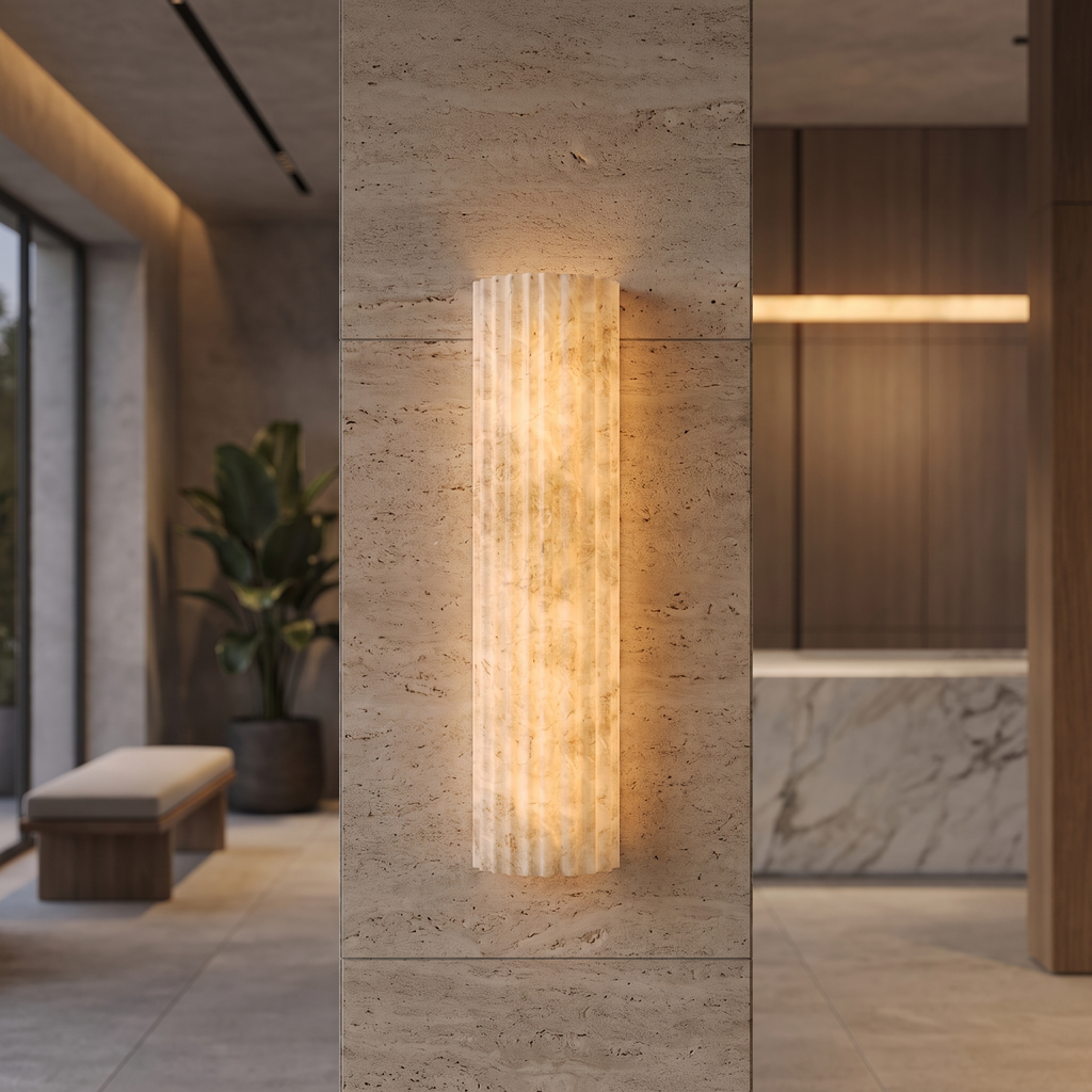Atelierée alabaster wall sconce, fluted natural stone detail