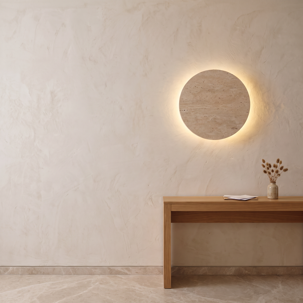 Atelierée travertine wall sconce, natural stone grain detail