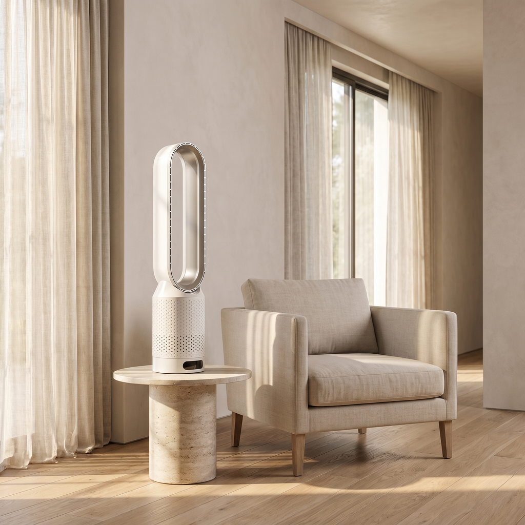 Atelierée tower fan and air purifier, energy efficient bladeless design