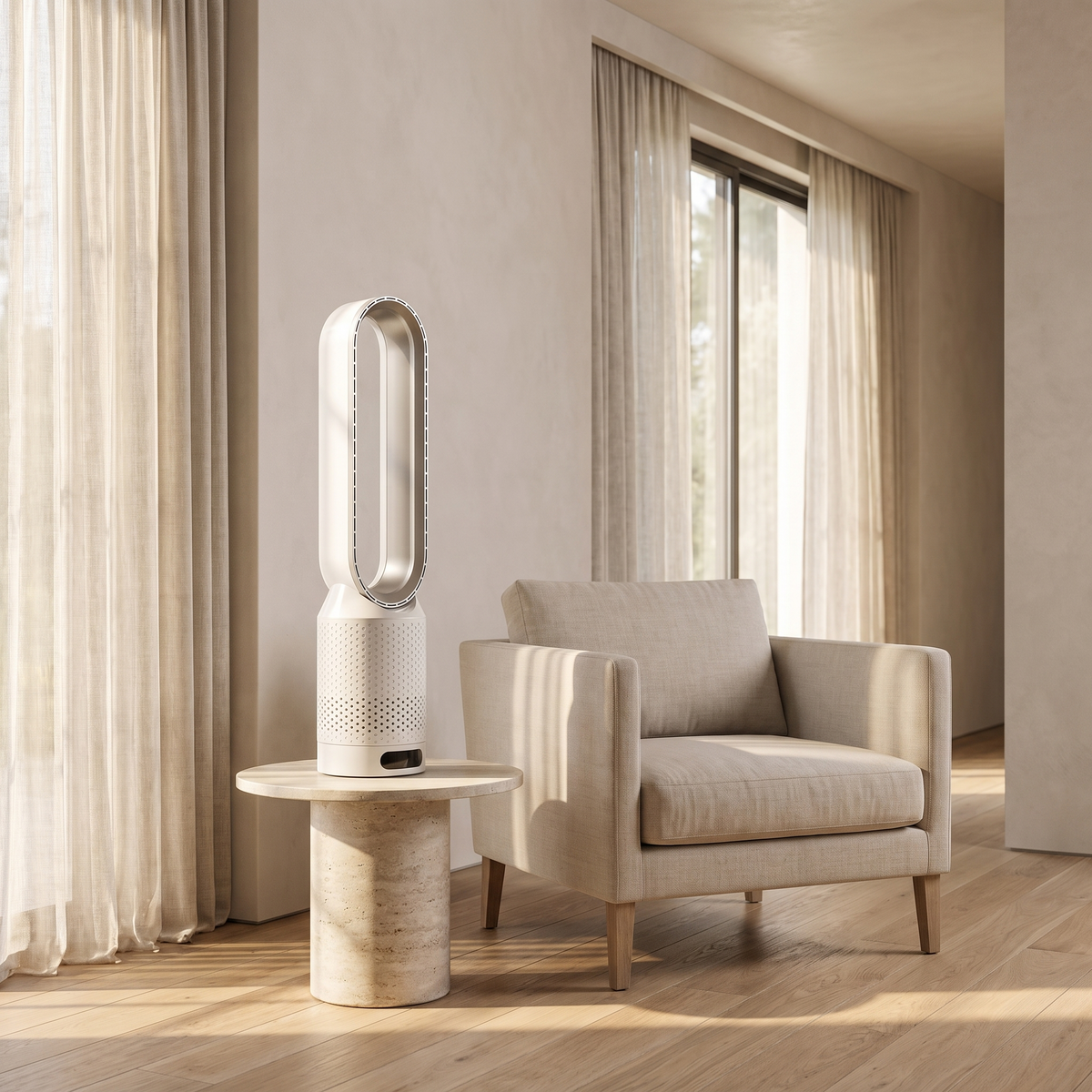 Atelierée tower fan and air purifier, energy efficient bladeless design