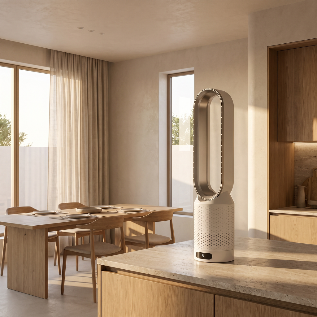Atelierée bladeless tower fan, control panel and UV purification detail