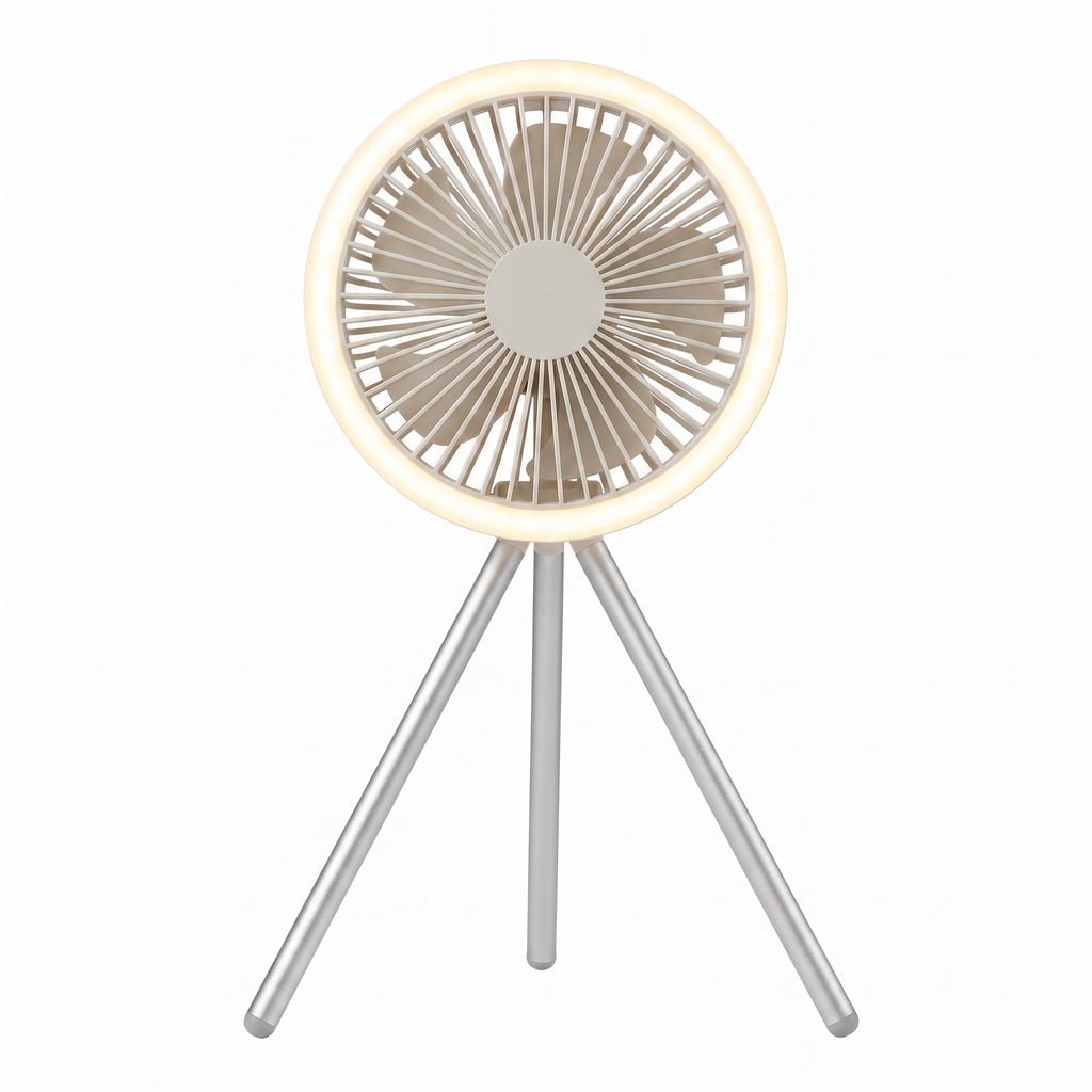 Atelierée portable tripod fan, folded and desk height view