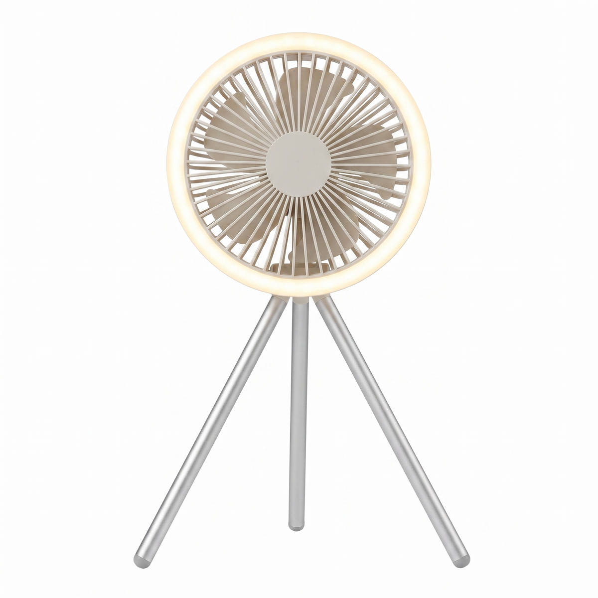 Atelierée portable tripod fan, folded and desk height view