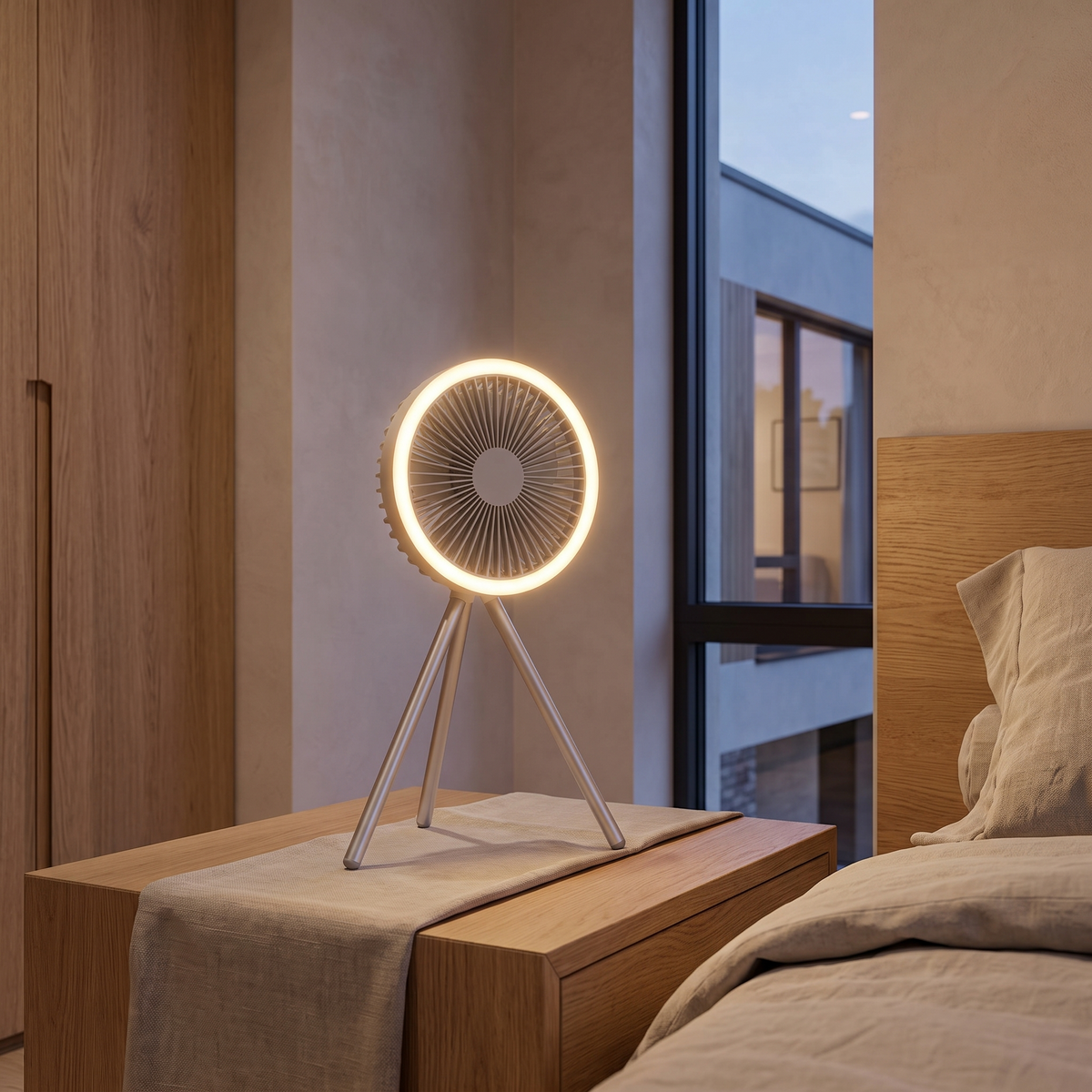 Atelierée portable fan, LED ring light and control detail
