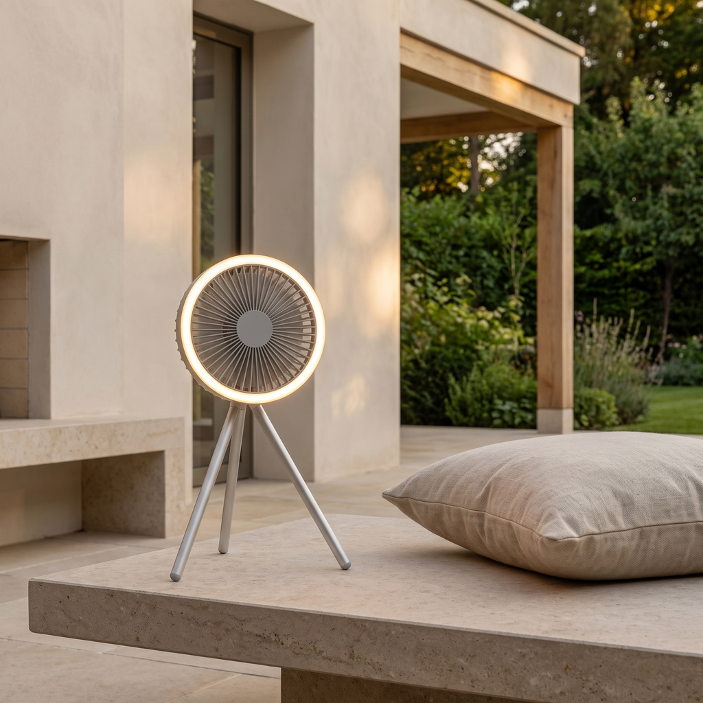 Atelierée rechargeable tripod fan set up for outdoor use