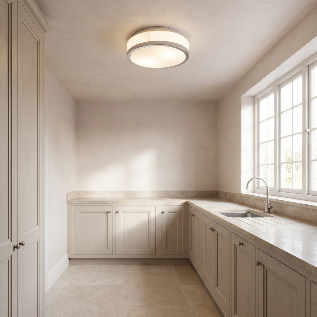 Atelierée opal glass flush ceiling light with chrome trim