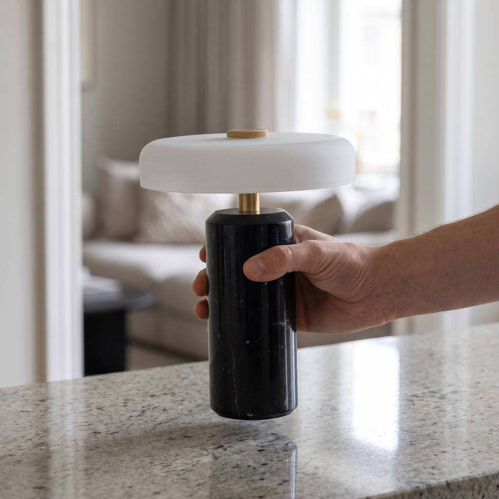 Atelierée Nero table lamp carried by its marble base with no trailing cable