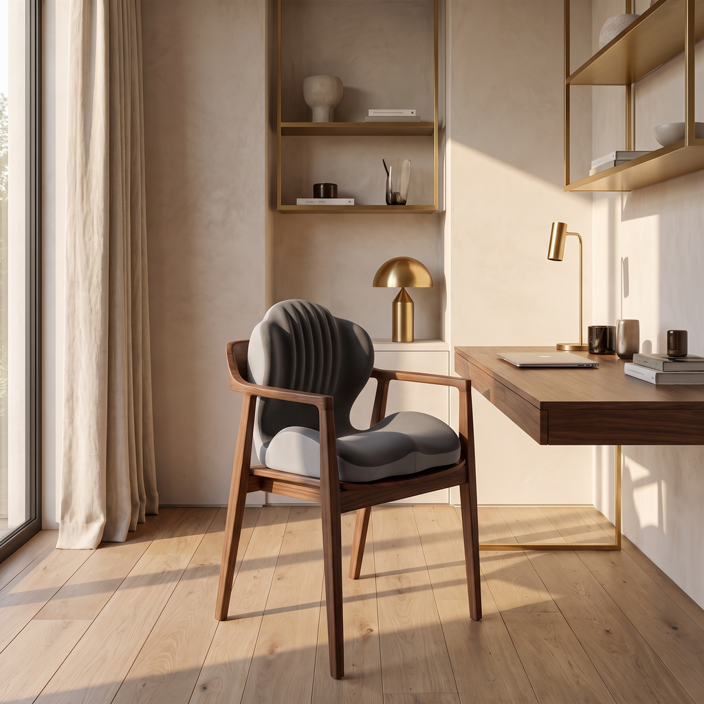 Orthopaedic memory foam seat cushion on a desk chair in a modern home office