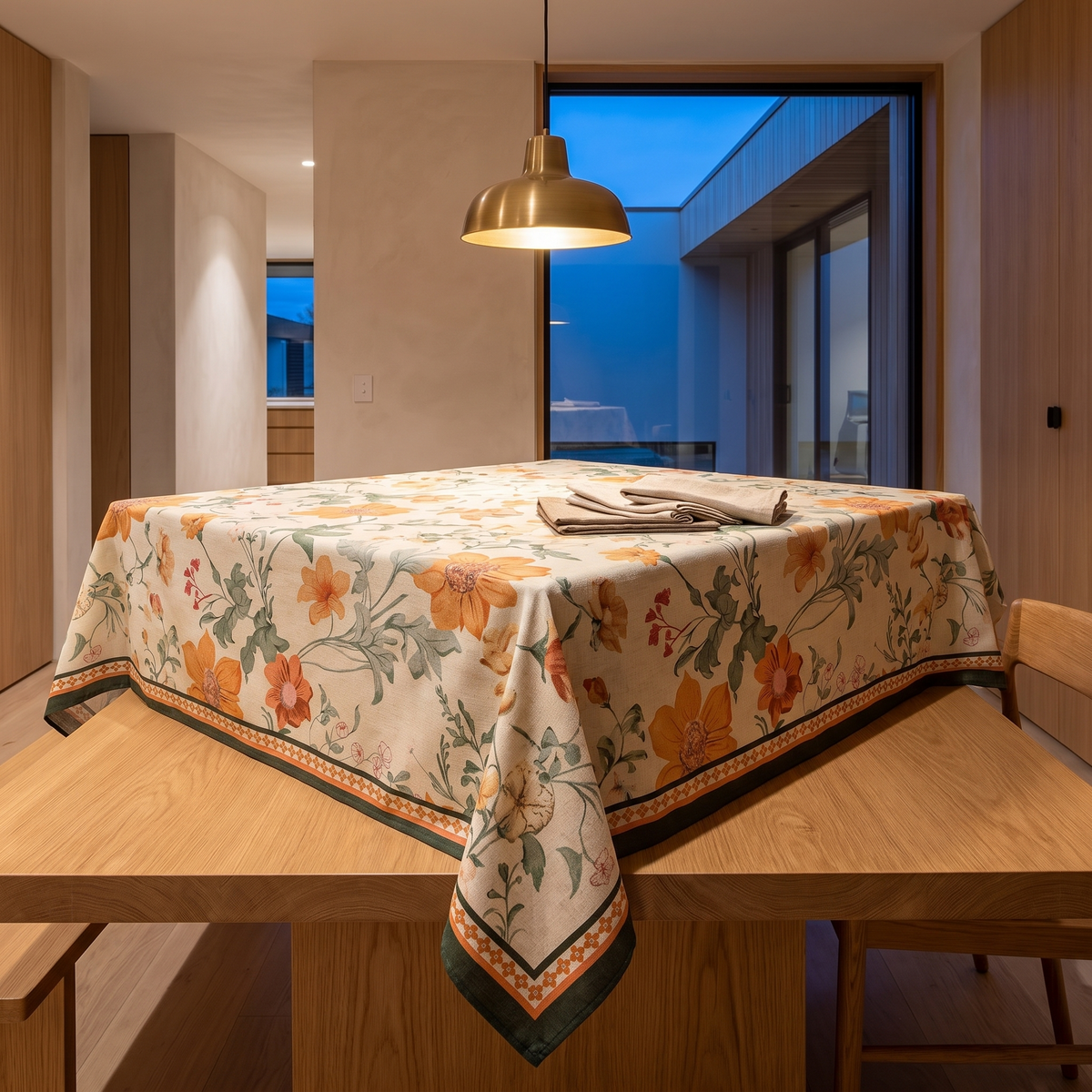 Vintage floral tablecloth laid across a dining table
