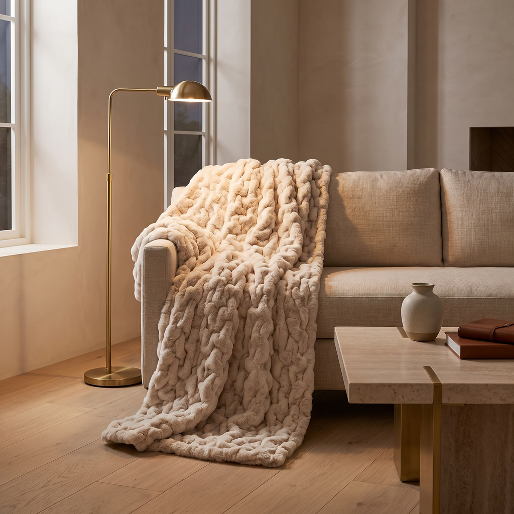 Ruched faux fur throw blanket draped over a linen sofa