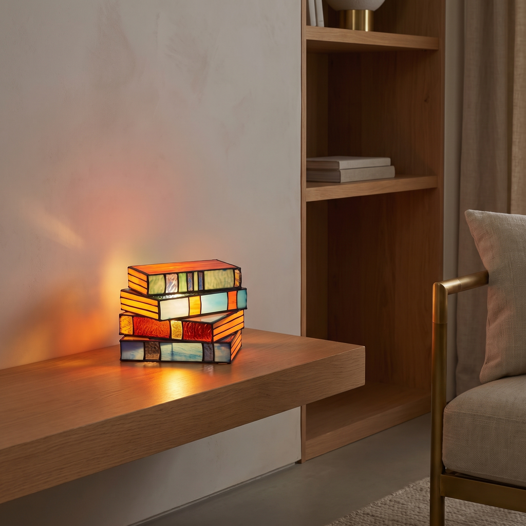 Stained glass book lamp glowing on an oak shelf