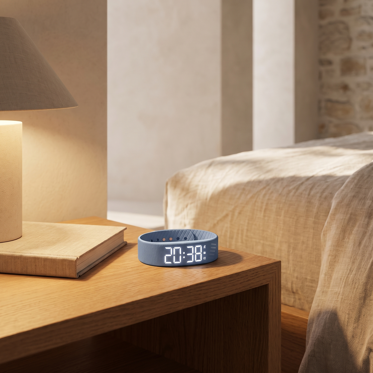 Silent vibrating alarm watch on an oak bedside table