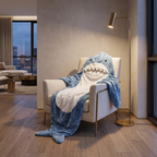 Oversized wearable hooded fleece blanket over a linen armchair