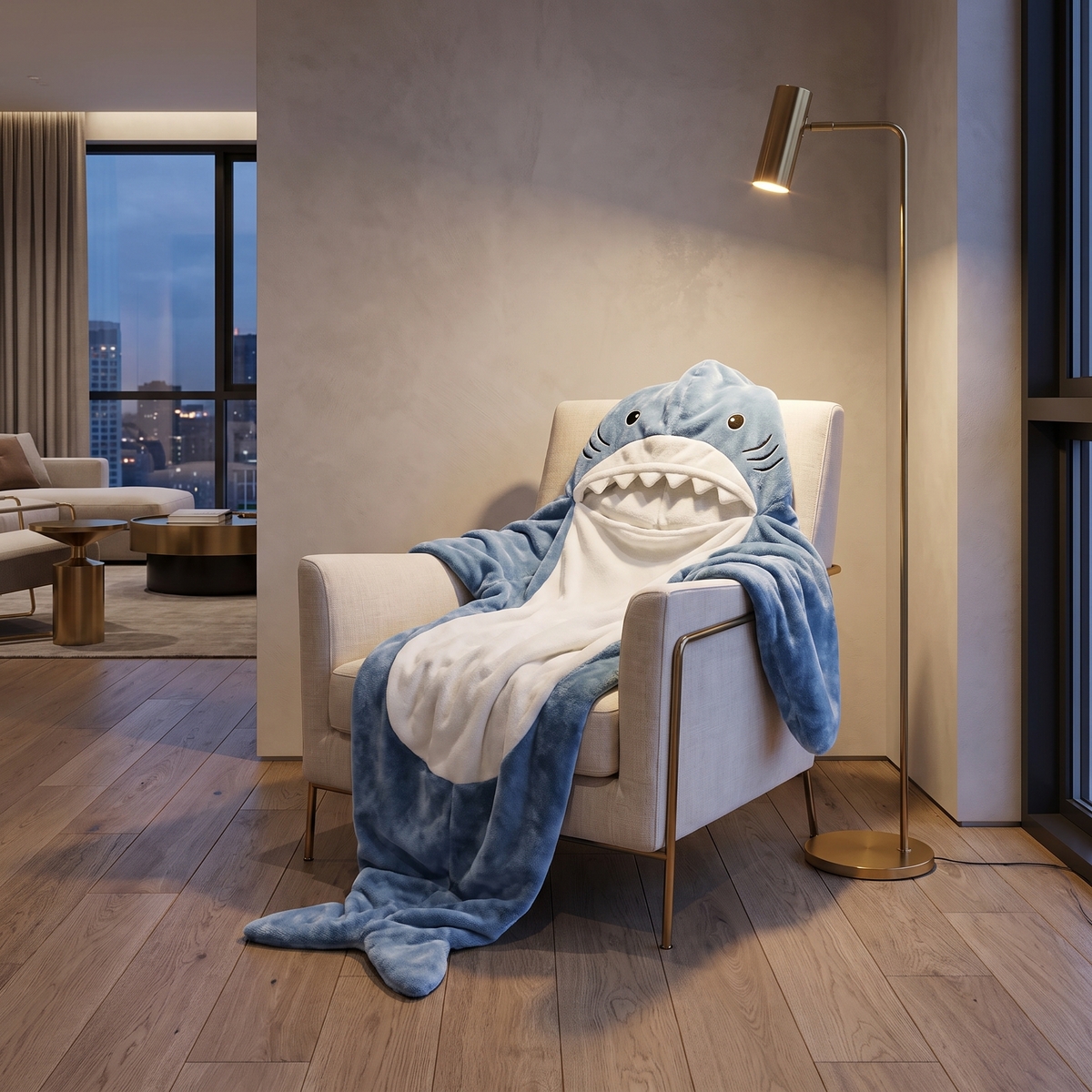 Oversized wearable hooded fleece blanket over a linen armchair