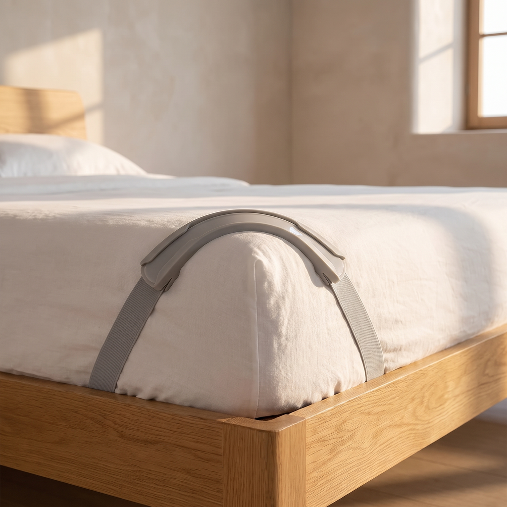 Elastic sheet gripper strap clipped to a fitted sheet corner