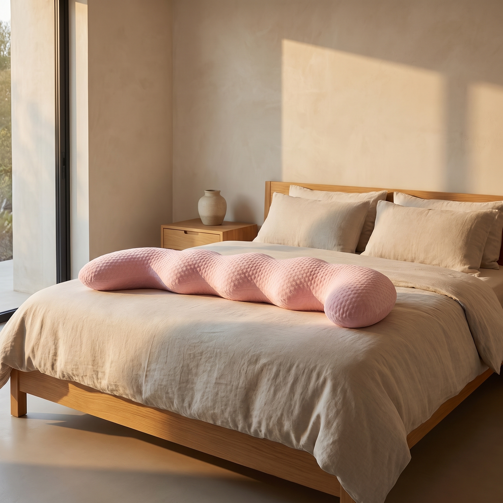 Oversized dinosaur full body plush pillow along a made bed
