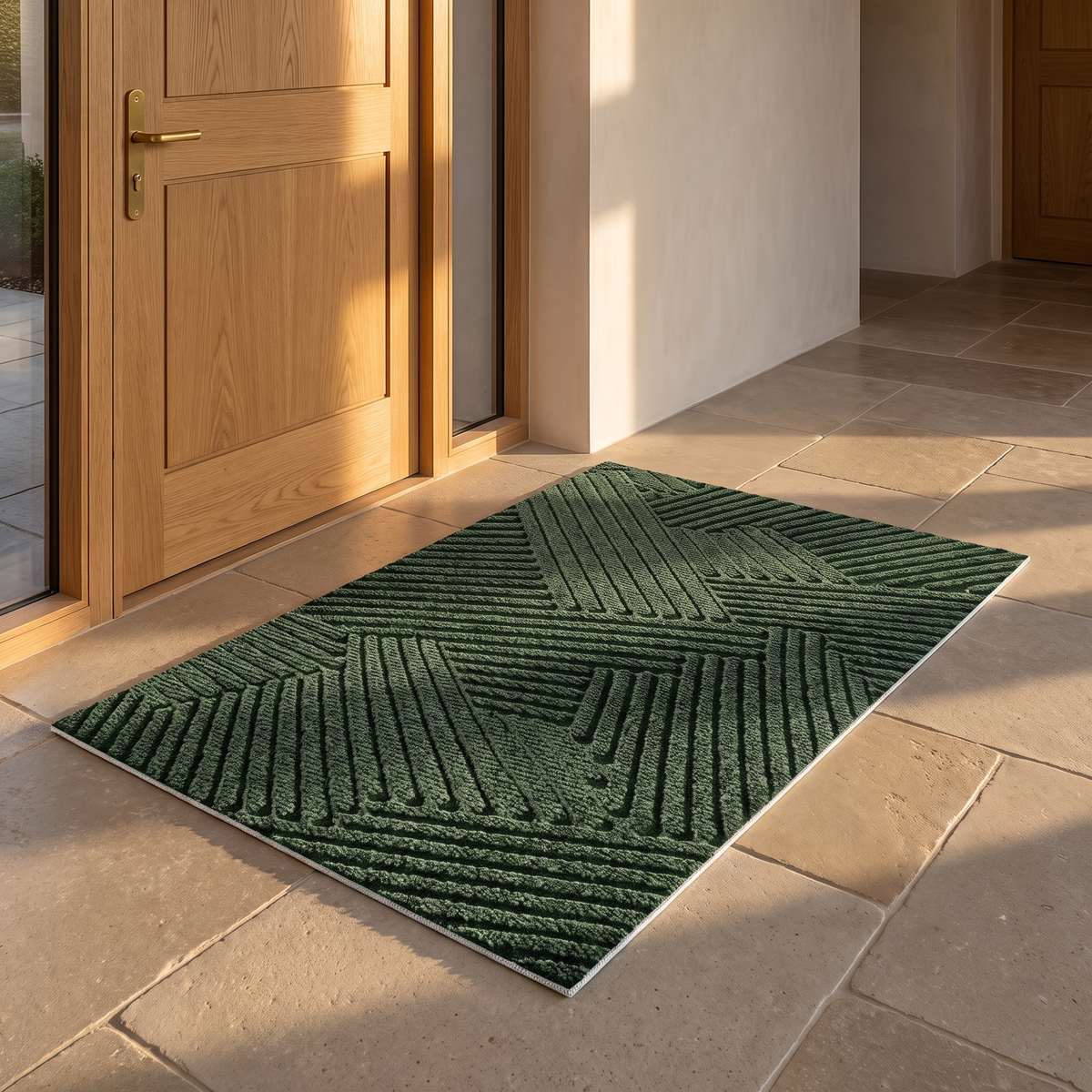 Non slip entrance door mat inside the front door of a modern home