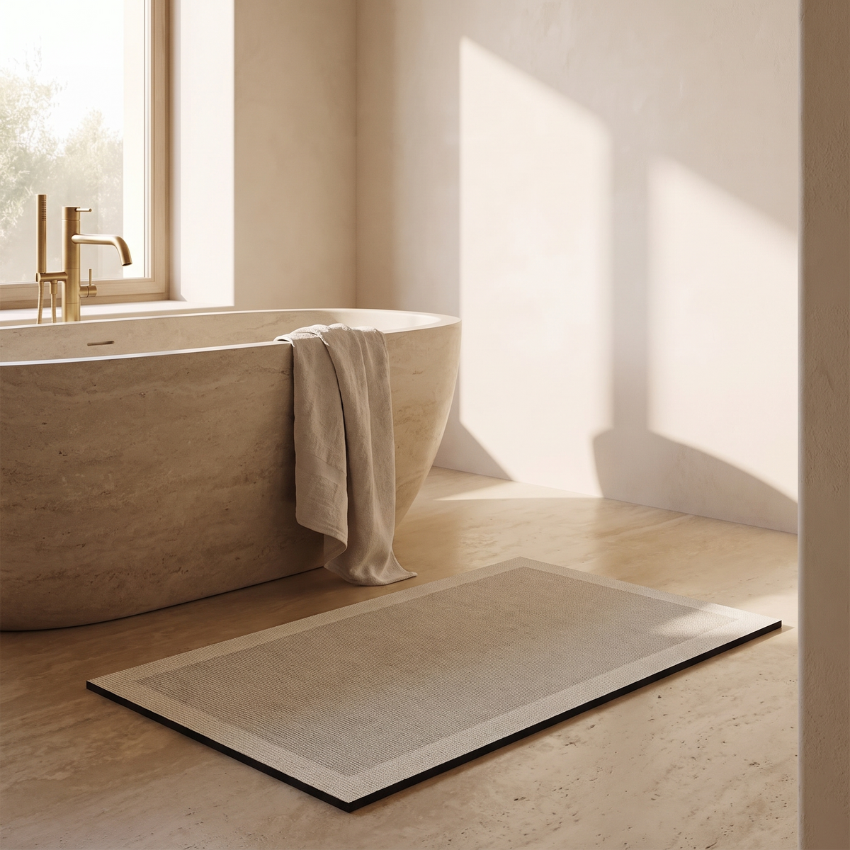 Quick dry non slip bath mat beside a freestanding bath