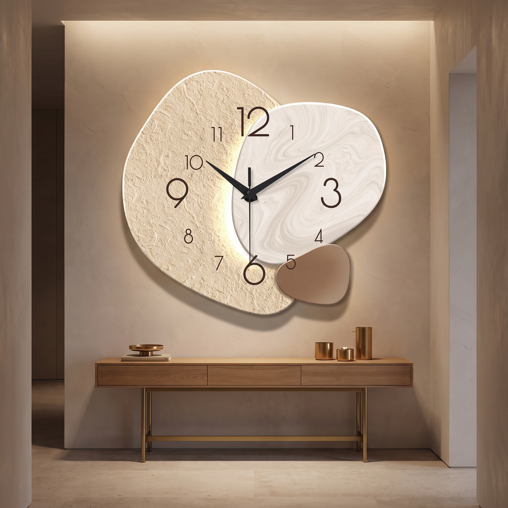 Modern stone look silent quartz wall clock in a hallway